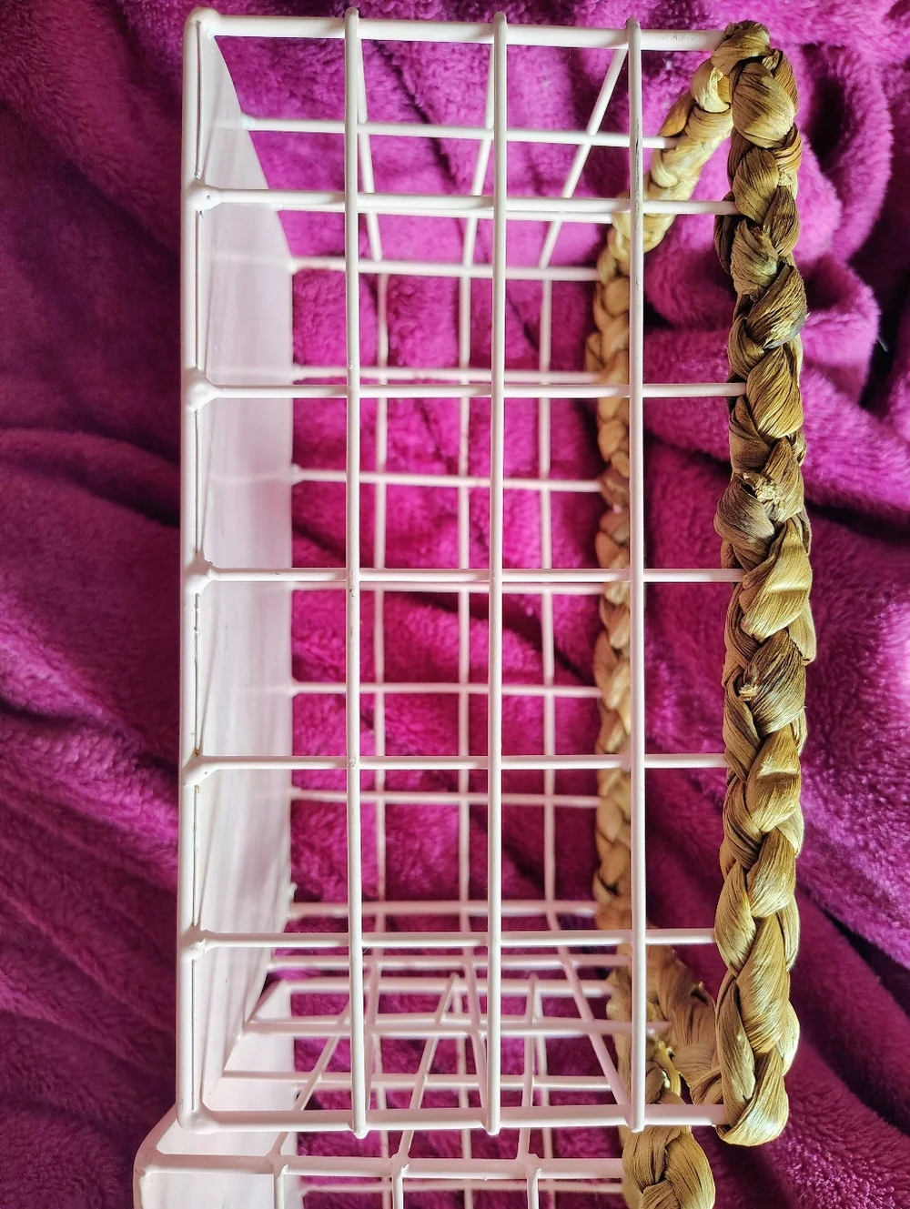 Set Of 2 Pink Wire Baskets With Rattan Braided To